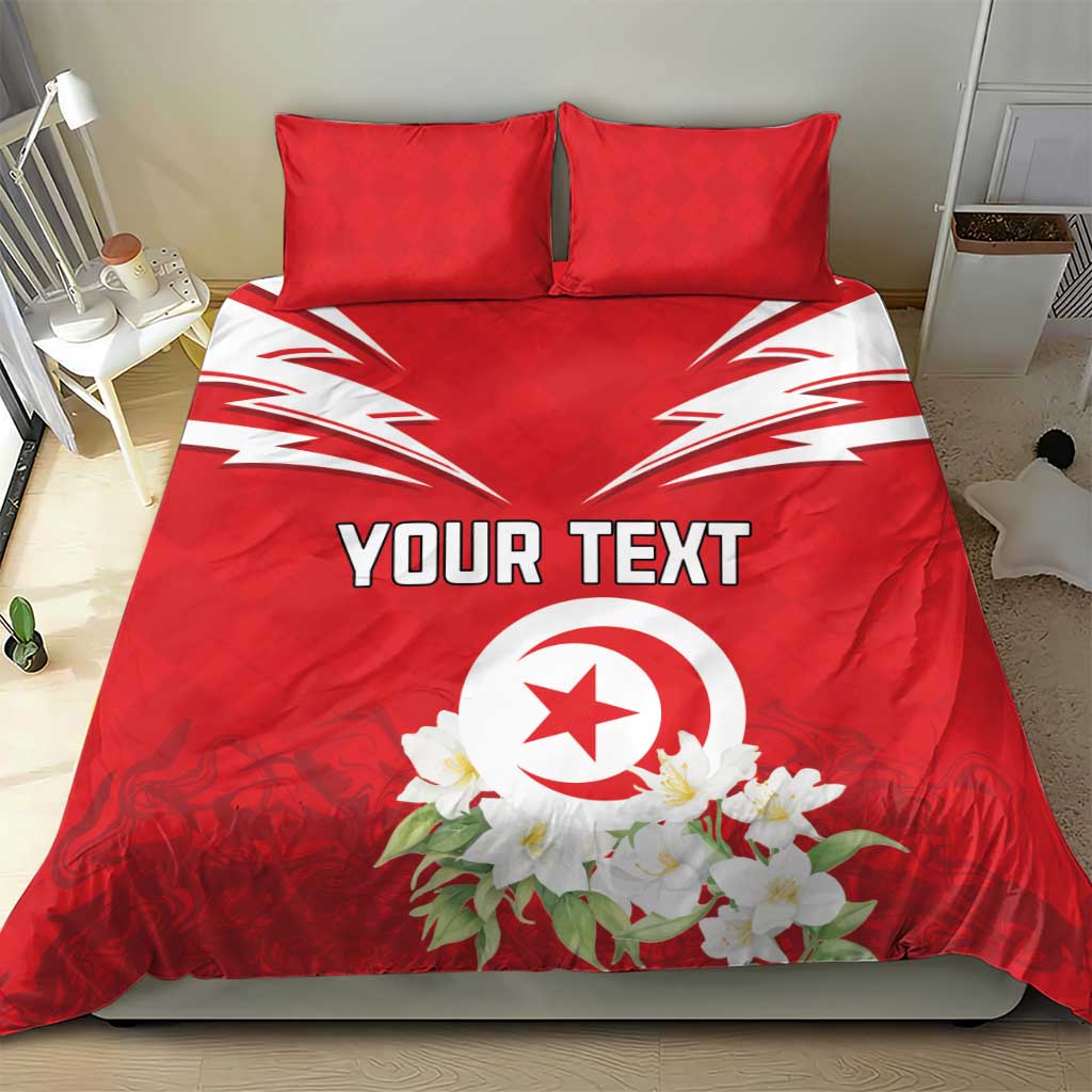 Red duvet cover featuring “YOUR TEXT” and Tunisian emblem with flower wreath, two pillows