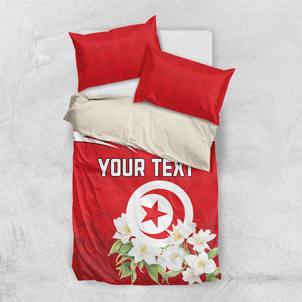 Red duvet with “YOUR TEXT” and floral emblem, paired with two red pillowcases