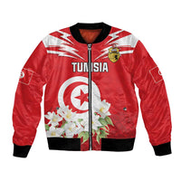 Unisex red bomber jacket with Tunisia emblem, jasmine flower graphics, and ribbed cuffs