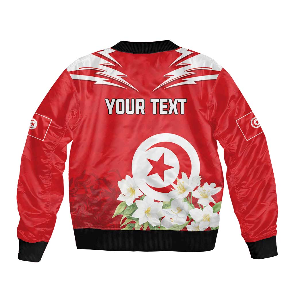 Unisex red bomber jacket with 'YOUR TEXT' back print, floral jasmine emblem, ribbed hem