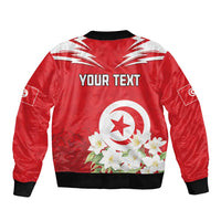 Unisex red bomber jacket with 'YOUR TEXT' back print, floral jasmine emblem, ribbed hem