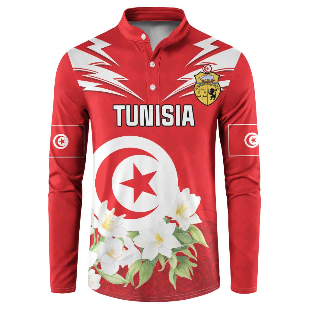 Red Tunisia button sweatshirt with crest, white star emblem, and floral graphics