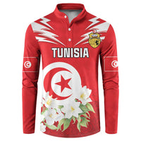Red Tunisia button sweatshirt with crest, white star emblem, and floral graphics