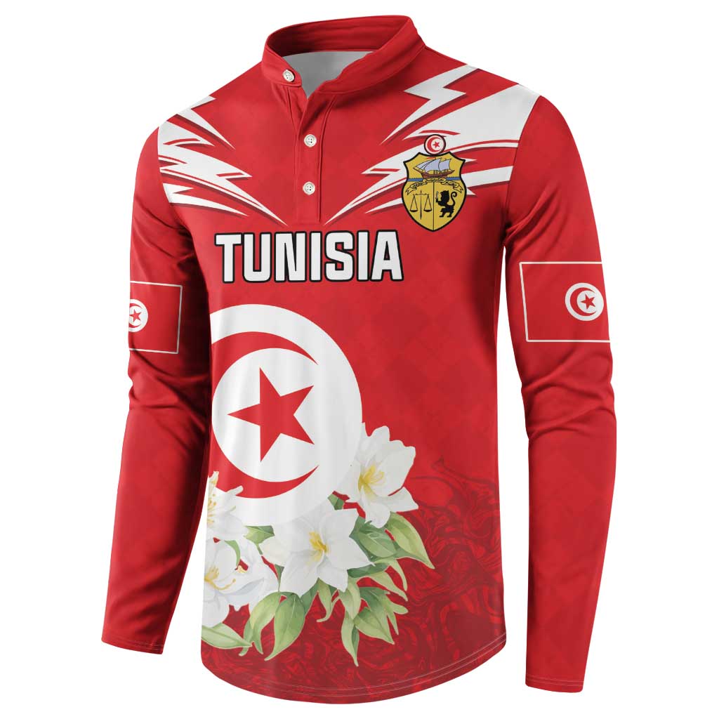 Red Tunisia button sweatshirt with side flags, crest, and floral star emblem design