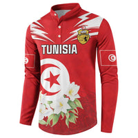 Red Tunisia button sweatshirt with side flags, crest, and floral star emblem design