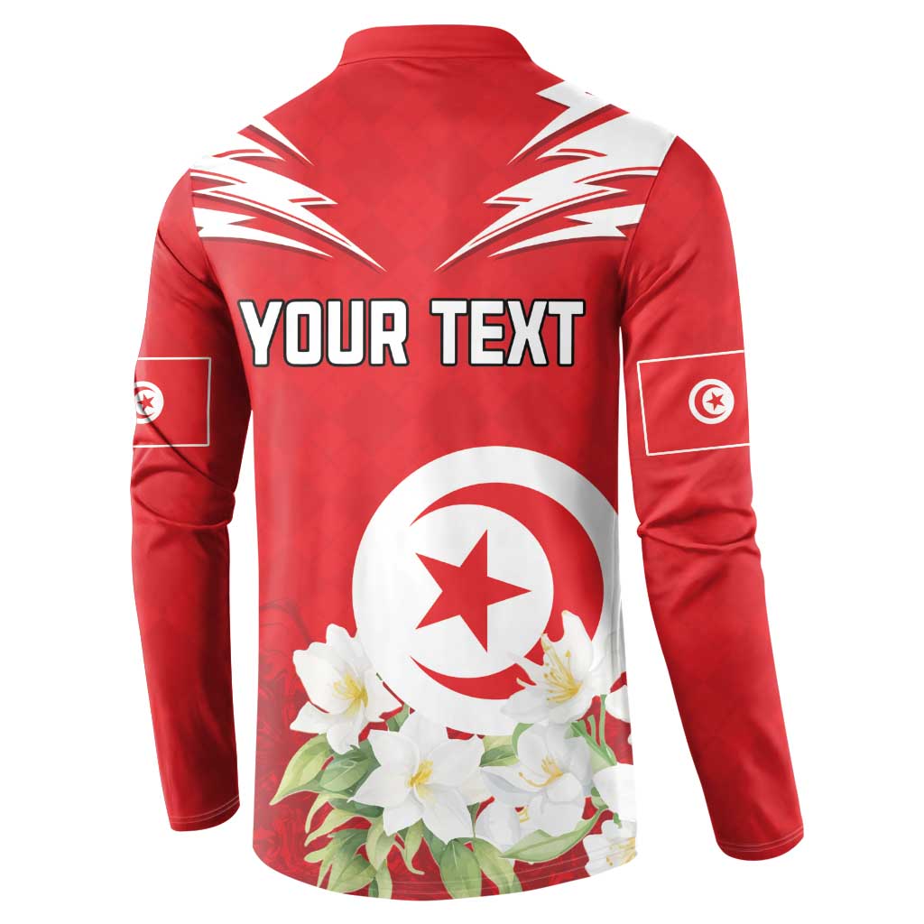 Red button sweatshirt back with 'YOUR TEXT', white star emblem, and floral print