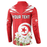 Red button sweatshirt back with 'YOUR TEXT', white star emblem, and floral print