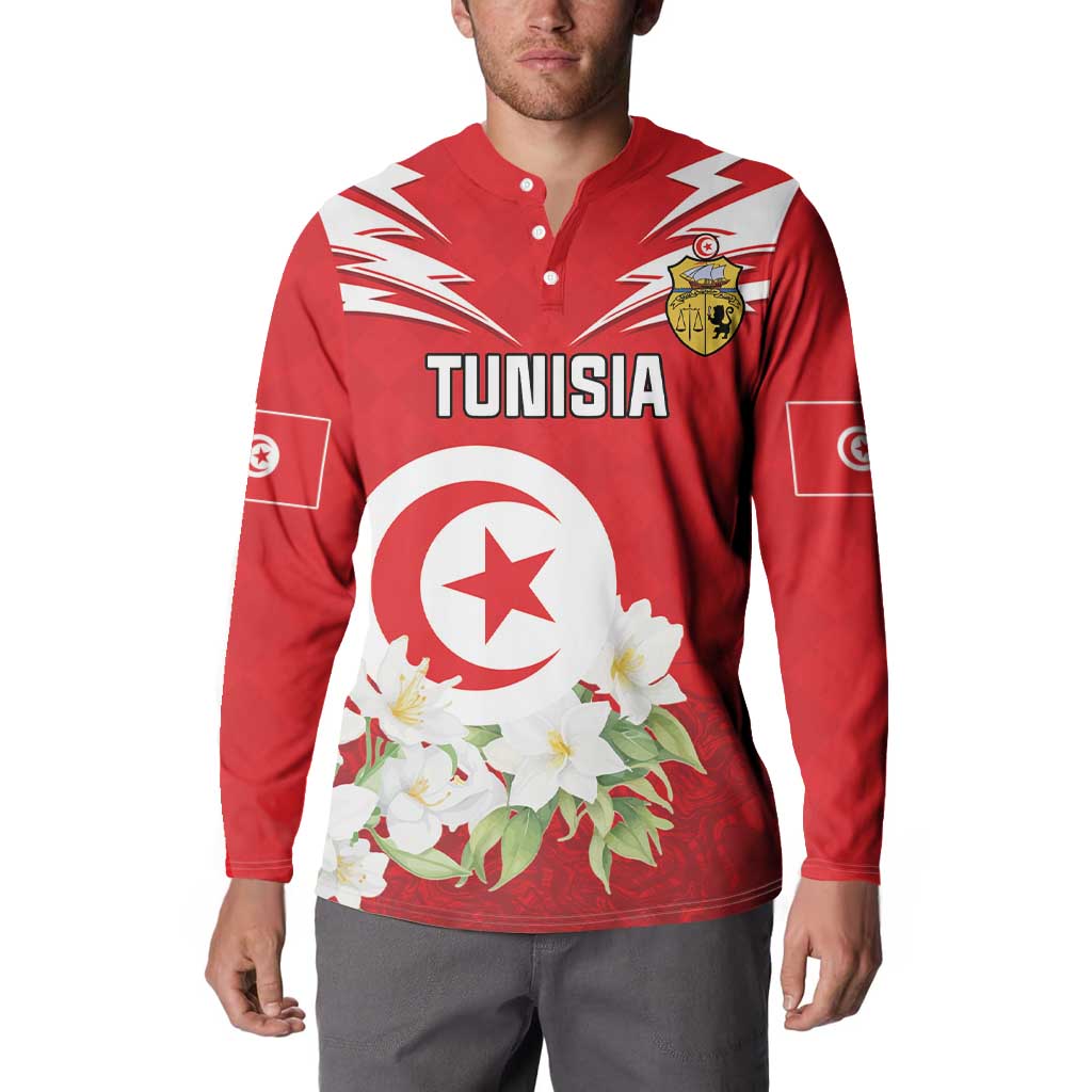Red Tunisia button sweatshirt on model with crest, star emblem, and flower graphic