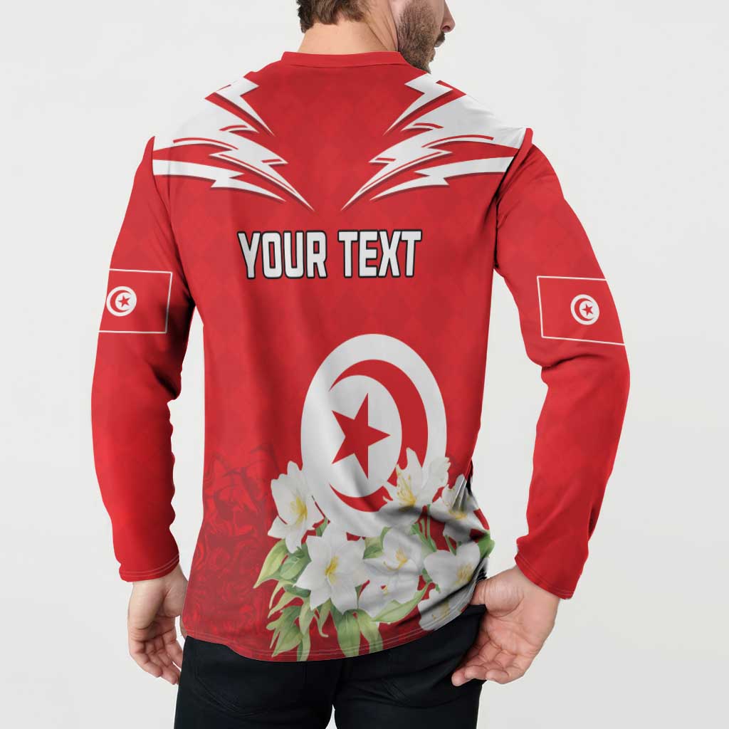 Red button sweatshirt on model with 'YOUR TEXT' back, star emblem, and floral print