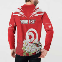 Red button sweatshirt on model with 'YOUR TEXT' back, star emblem, and floral print