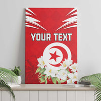 Standing red Tunisia canvas wall art with emblem, jasmine flowers, and 'YOUR TEXT'