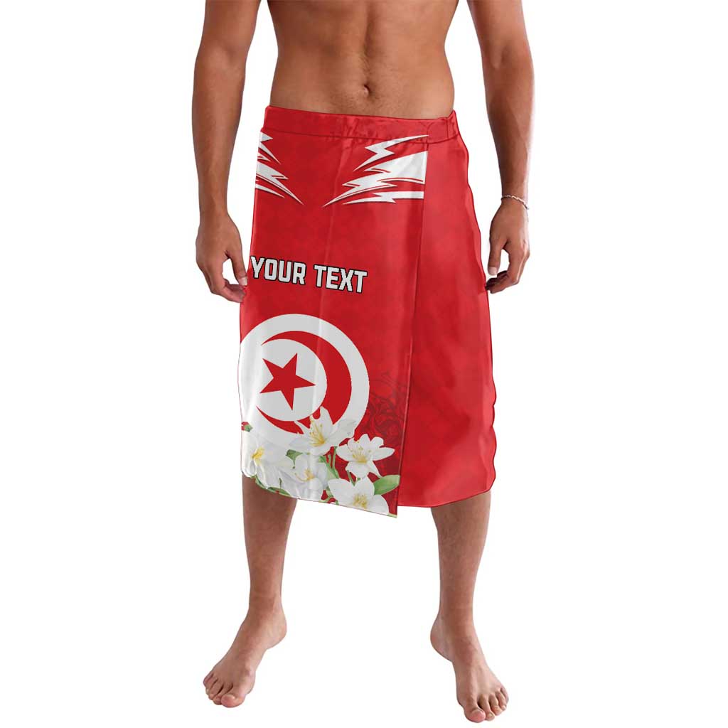 Red wrap skirt with Tunisia emblem, flowers, and 'YOUR TEXT'