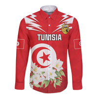 Red long-sleeve button shirt with Tunisia emblem and jasmine flower graphic