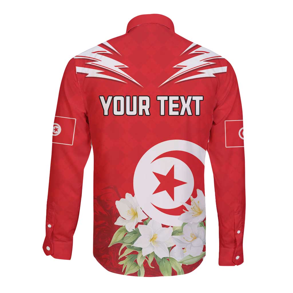 Red long-sleeve button shirt back with YOUR TEXT, flag crest, and jasmine flowers