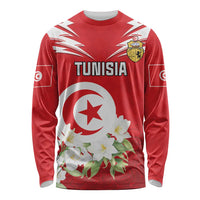 Red long-sleeve shirt with Tunisia emblem, jasmine flowers, and white stripes