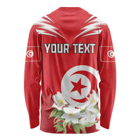 Red long-sleeve shirt with YOUR TEXT, Tunisia emblem, jasmine flowers, and white stripes