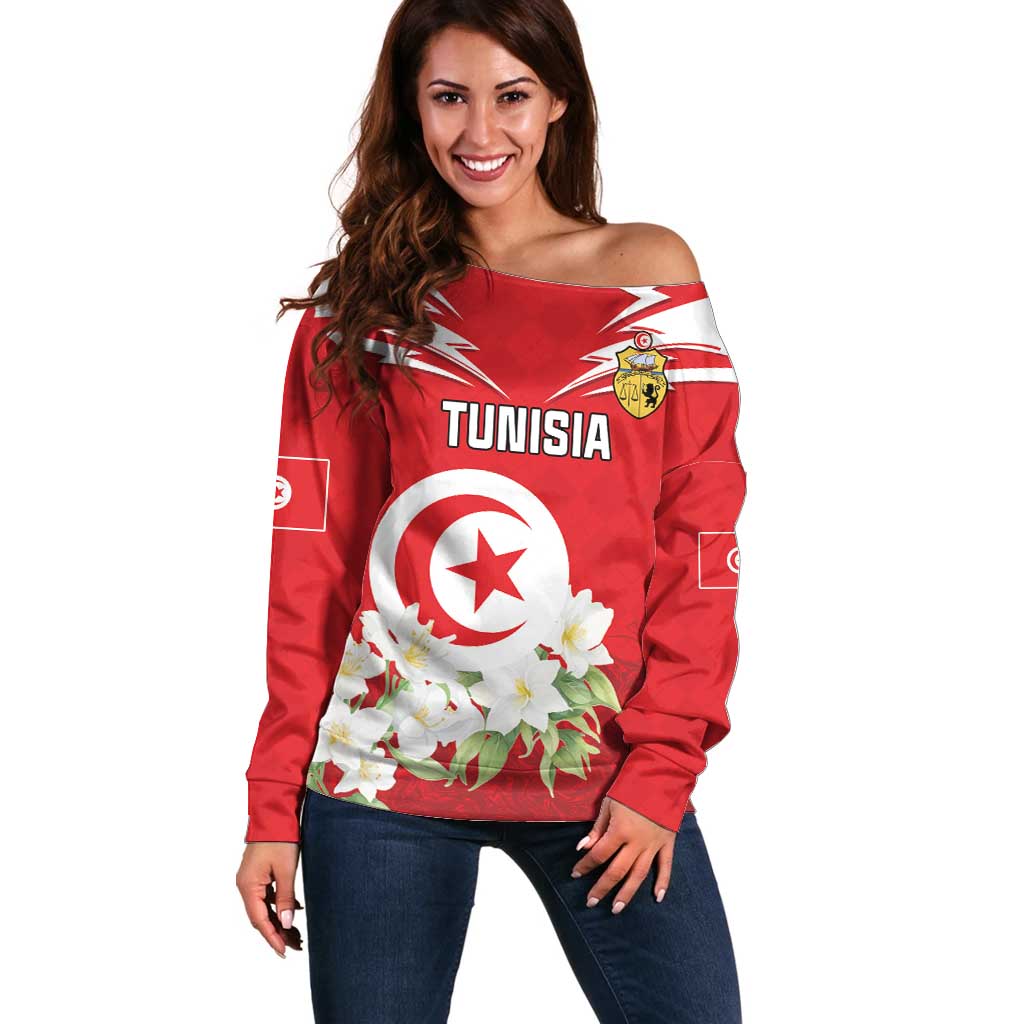 Personalized Tunisia Off Shoulder Sweater Jasmine Flower and Emblem - Wonder Print Shop