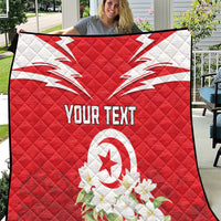 Red personalized quilt with Tunisia emblem, jasmine flowers, and “YOUR TEXT”