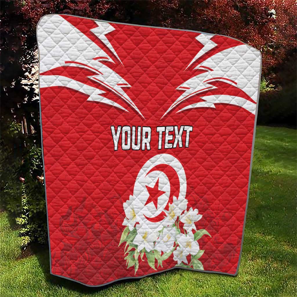 Red personalized quilt featuring Tunisia emblem, jasmine blossoms, and “YOUR TEXT”