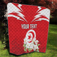 Red personalized quilt featuring Tunisia emblem, jasmine blossoms, and “YOUR TEXT”