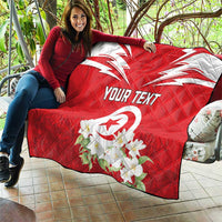 Red personalized quilt with Tunisia emblem, jasmine blooms, and “YOUR TEXT”