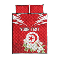 Red quilt bed set with YOUR TEXT, Tunisia emblem, and jasmine flower; includes two pillows