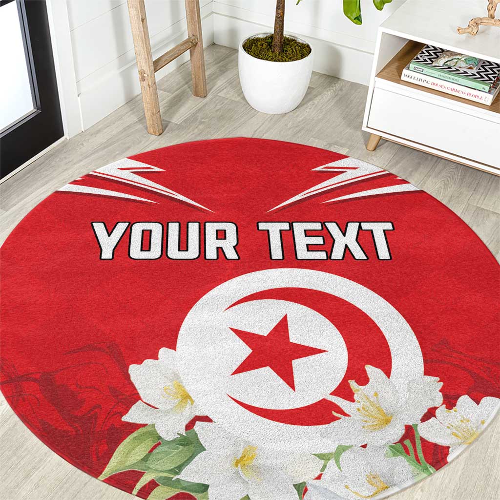 Red round area rug with Tunisian emblem and jasmine flowers, custom text print