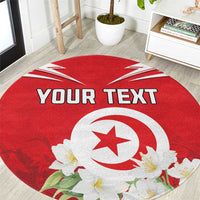Red round area rug with Tunisian emblem and jasmine flowers, custom text print