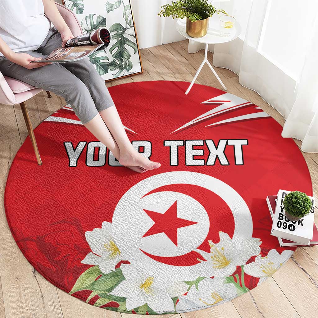 Red round area rug with Tunisian emblem, jasmine flowers, and custom text