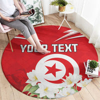 Red round area rug with Tunisian emblem, jasmine flowers, and custom text