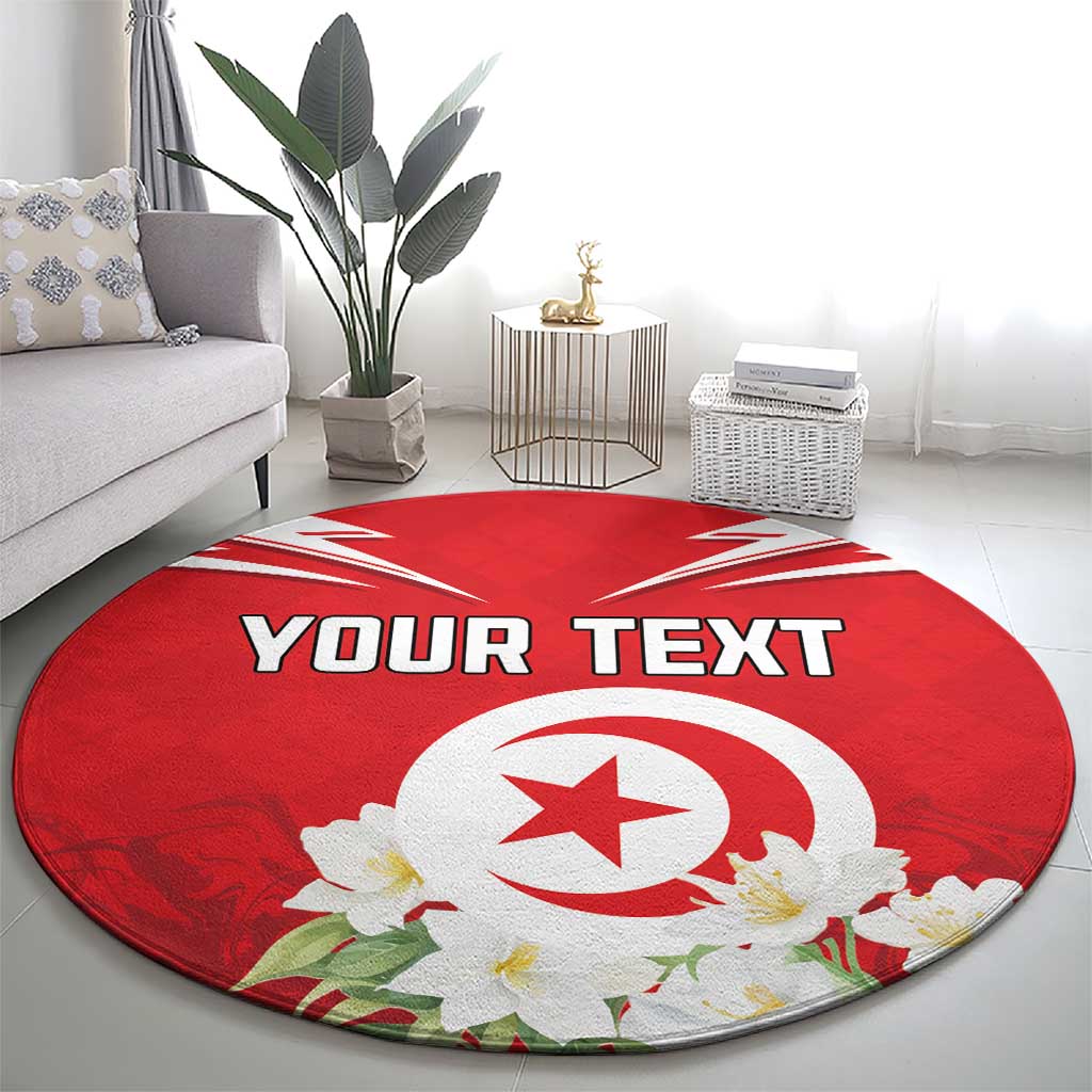 Red round area rug with Tunisian emblem and jasmine flower border, custom text