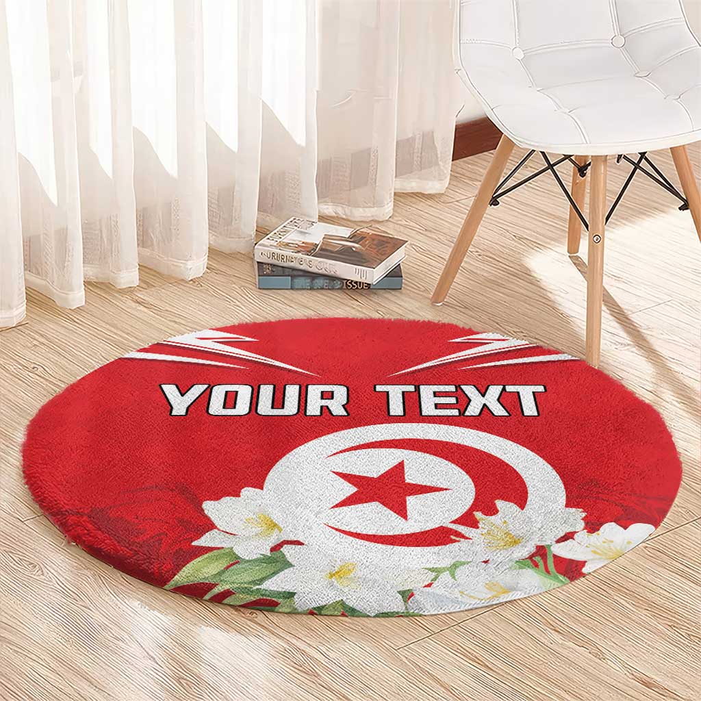Red round area rug with Tunisian emblem and jasmine flowers, custom text on top