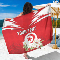 Red sarong with Tunisia emblem, jasmine flowers, and your text