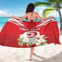 Red sarong shown from behind with Tunisia emblem, jasmine flowers, and your text