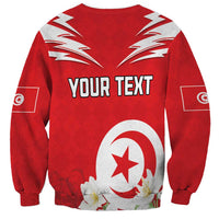 Red crewneck sweatshirt back with YOUR TEXT and Tunisia emblem graphic, flag accents