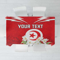 Red personalized tablecloth with Tunisian emblem, “YOUR TEXT”, and white jasmine flowers