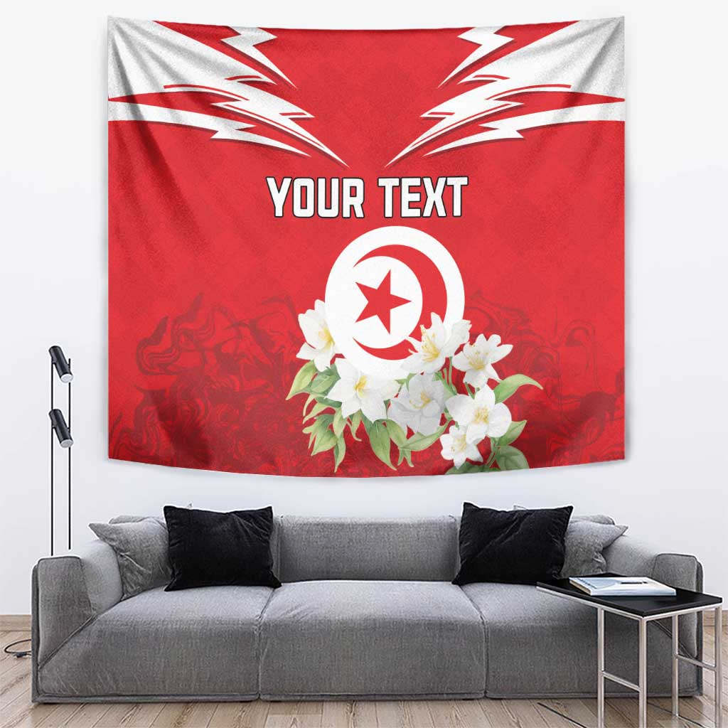 Red Tunisia wall tapestry with white lightning accents, jasmine blooms, and circular emblem