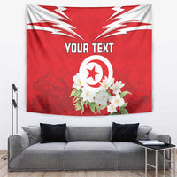 Red Tunisia wall tapestry with white lightning accents, jasmine blooms, and circular emblem