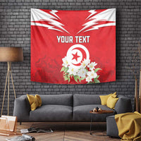 Red Tunisia tapestry with “YOUR TEXT”, jasmine flowers, and circular star emblem