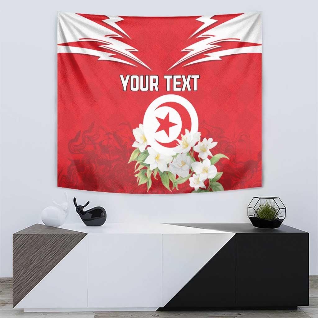Red Tunisia wall tapestry with “YOUR TEXT”, white lightning motif, and jasmine flowers