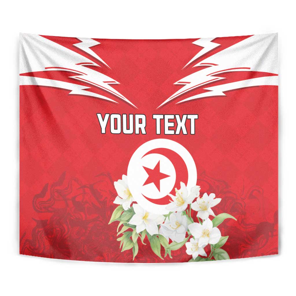 Red Tunisia tapestry with “YOUR TEXT”, white circular emblem ring, and jasmine flowers