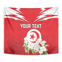 Red Tunisia tapestry with “YOUR TEXT”, white circular emblem ring, and jasmine flowers