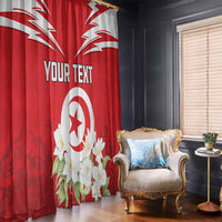 Red curtain panels with white emblem, jasmine blossoms, and personalized text design