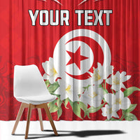 Red and white printed curtain panels featuring emblem center, jasmine flowers, and custom text