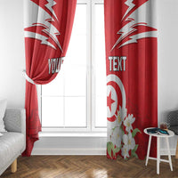 Red and white curtain panels with emblem and jasmine flower accents plus custom text