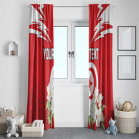 Red curtain panels with white emblem, jasmine blossoms, and personalized text print