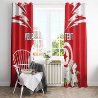 Red curtain panels with white emblem, jasmine blooms, and personalized text on fabric