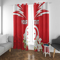 Red and white curtain panels with emblem center, jasmine flowers, and custom text print