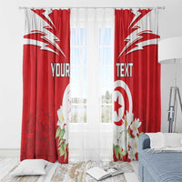 Red and white printed curtain panels with jasmine flowers, emblem, and personalized text