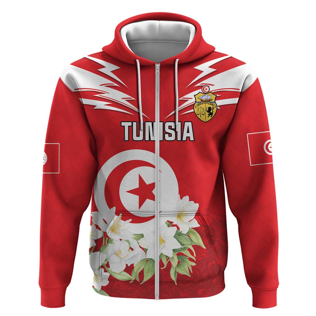 Personalized Tunisia Zip Hoodie Jasmine Flower and Emblem - Wonder Print Shop